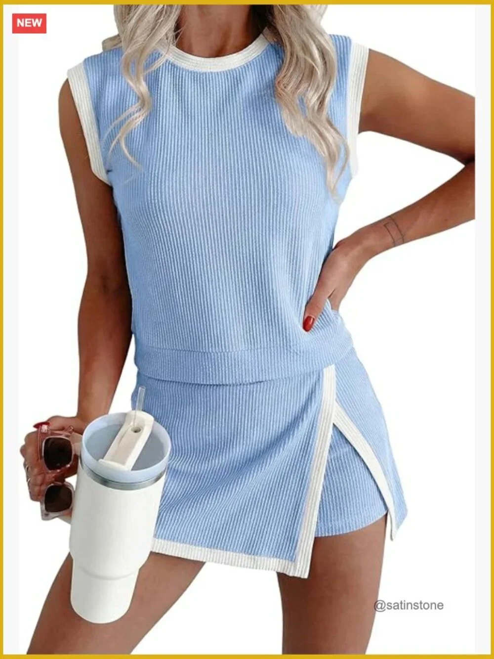 2 Piece Sets Ribbed Knit Tank Top Split Lined Skirt Lounge Matching Set
